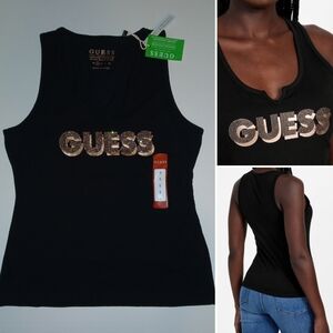 GUESS Organic Cotton Nisey Metallic Logo Tank, Jet Black